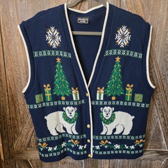 Southern Lady Sweaters - Southern Lady Sweater Women's Navy Blue Holiday Print Polar Bears Christmas Vest